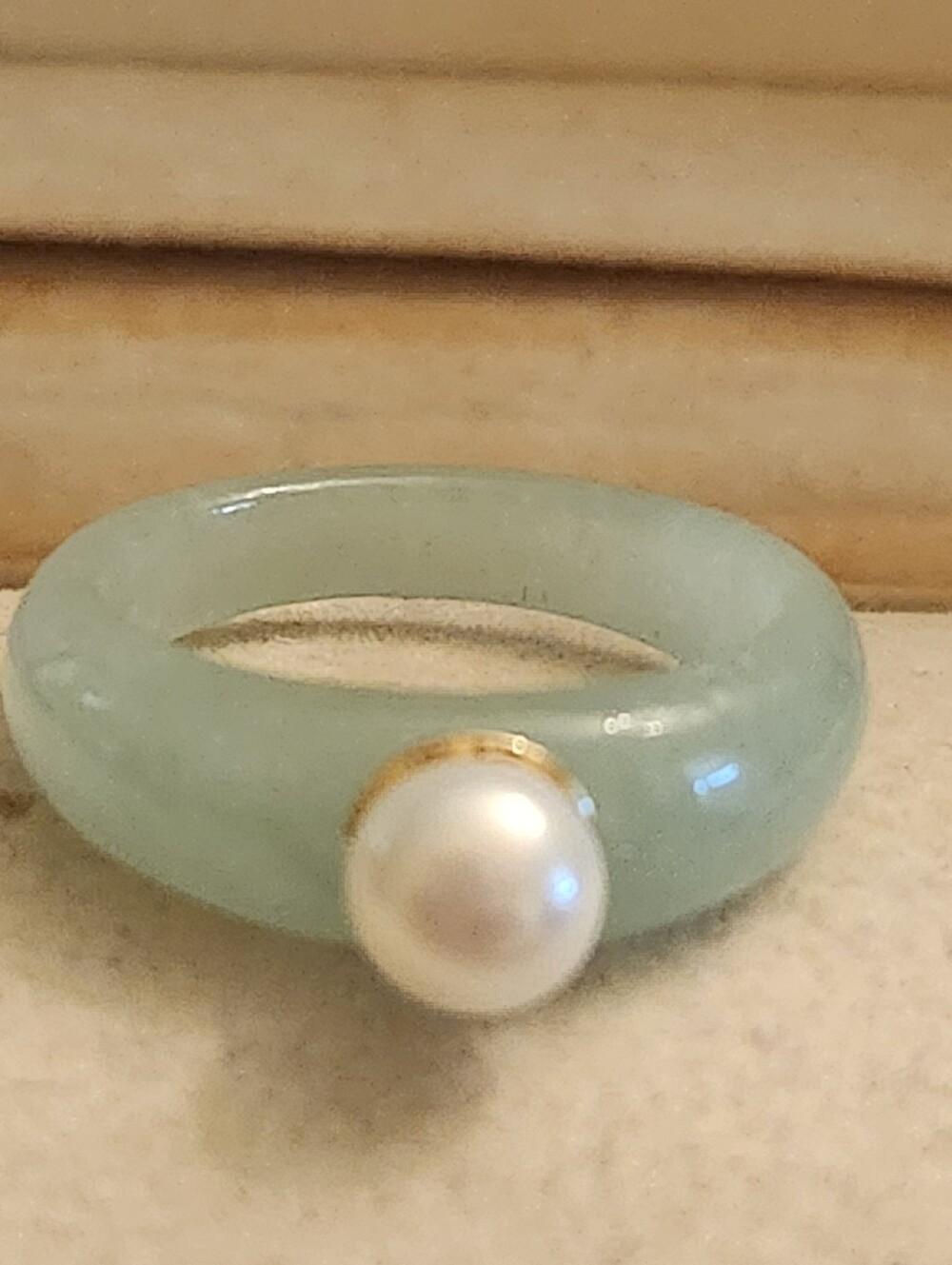 14kt Jade Green Jade Ring with Pearl Accent - Women Jewelry
